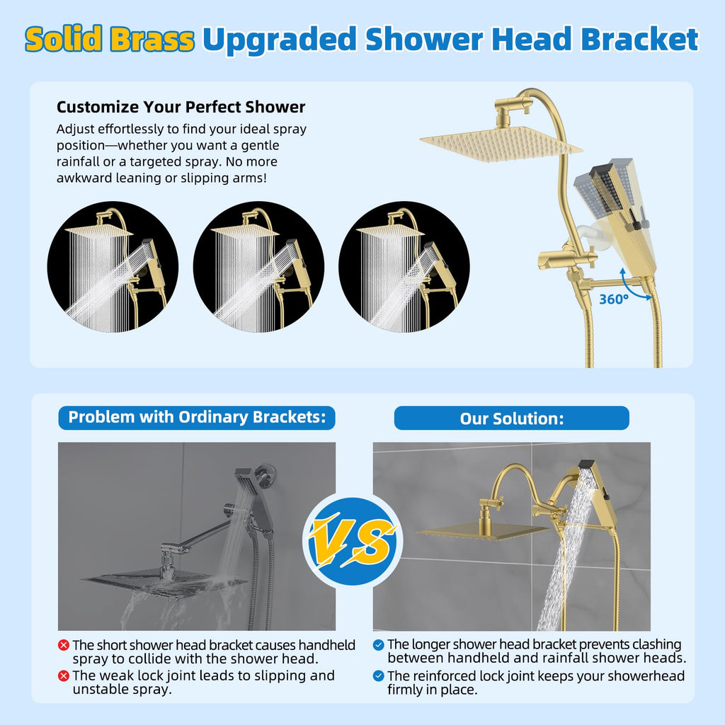 All Metal cUPC Certified Shower Head, 10'' High Pressure Rainfall Shower Head Combo, Handheld Shower Wand, 12''
