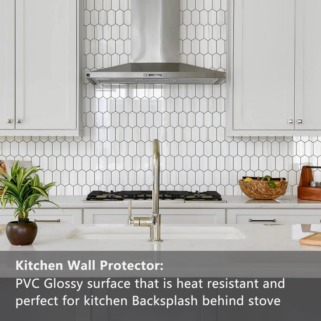 Long Hexagon Peel and Stick Backsplash Tile - 10 Sheets Stick on Backsplash 12.4 x 12 Inch Glossy Dolomite White PVC