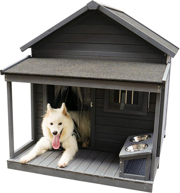 Wooden Outdoor Large Dog House with Balcony and Asphalt roof - Outdoor Insulated with Windproof Curtain, Food Bowl