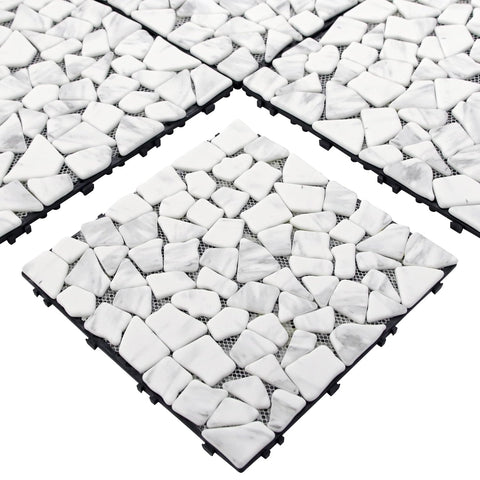 4PCS Natural Pebble Interlocking Deck Tiles, 12" x 12" Recycled Glass Marble Looks Waterproof Patio Deck, Outdoor &