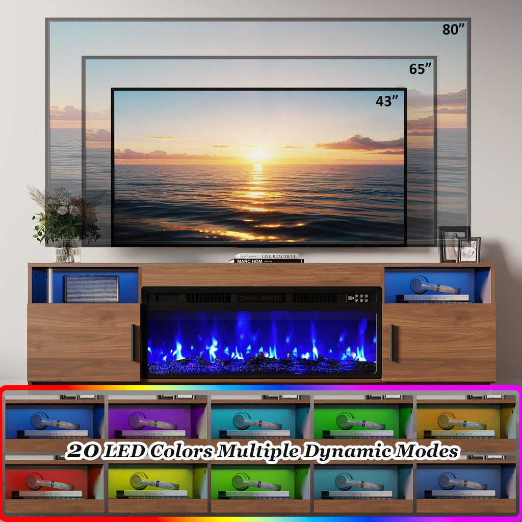 70 inch TV Stand with 36" Electric Fireplace, LED Light Entertainment Center, TV Console with Storage, High Glossy