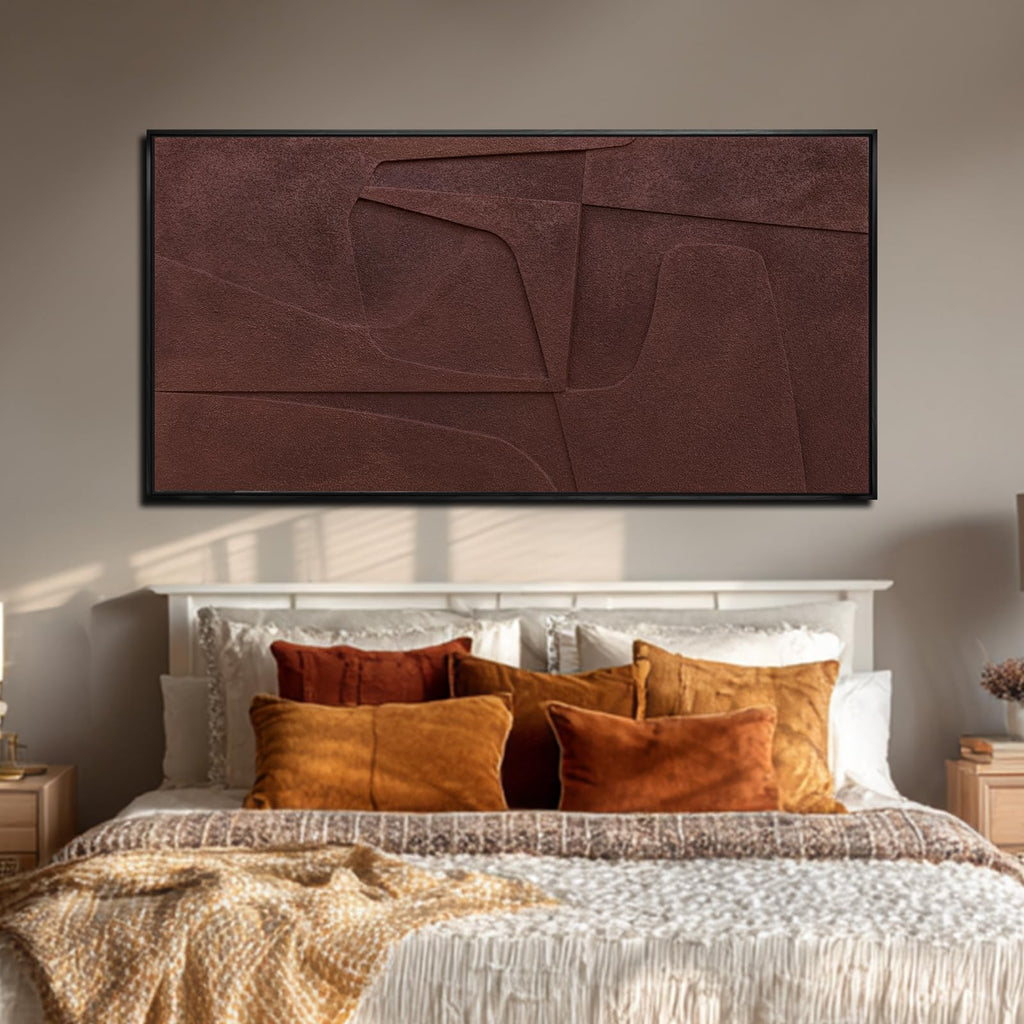 Minimalist Brown Abstract Wall Art 24x48 Inch, 3D Textured Wave Canvas with Natural Wood Frame, Modern Large Wall