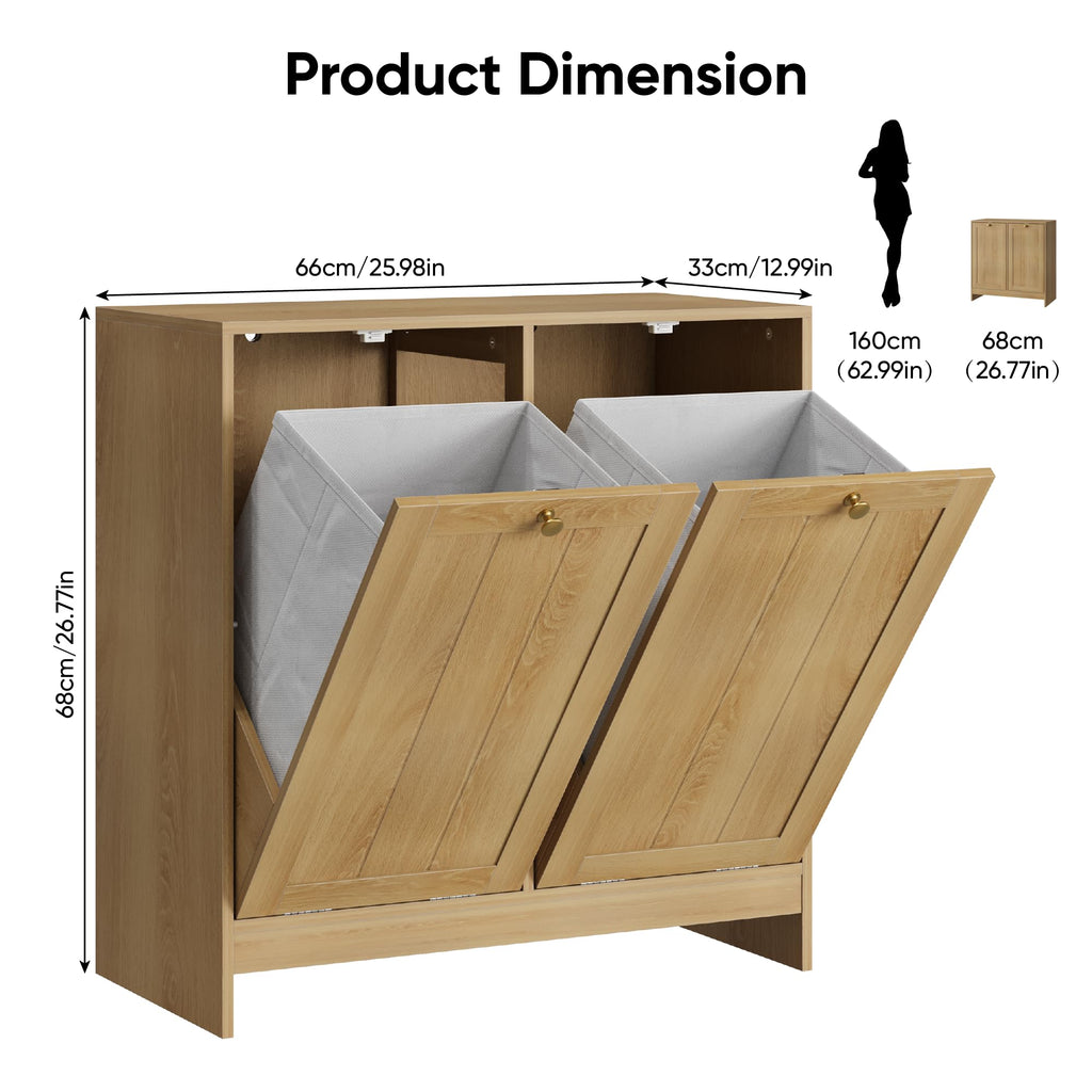 Double Tilt Out Laundry Hamper Cabinet, Small Hidden Trash Cabinets with 2 Baskets , Freestanding Bathroom Storage