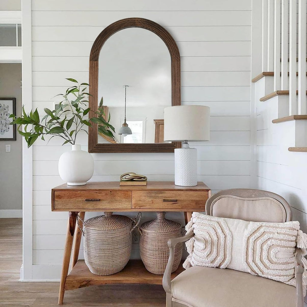 Arched Mirror, Farmhouse Decor Solid Wood Frame Wall Mirror, Bathroom Mirrors, Large Vintage Mirror, Foyer (Coffee
