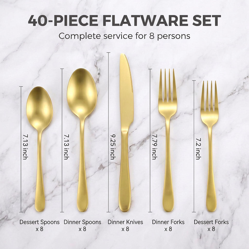 40 Piece Silverware Set for 8, 18/0 Stainless Steel Gold Flatware