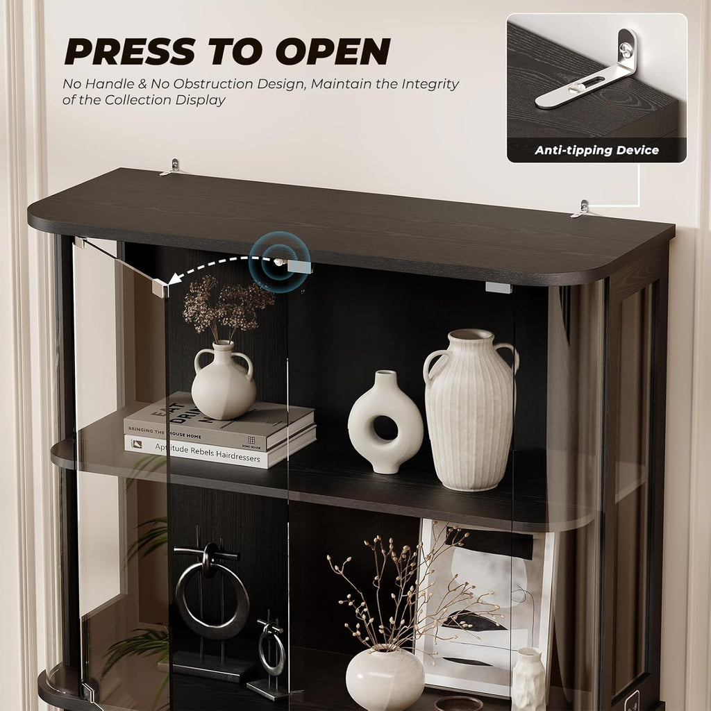 Large Rounded Display Cabinet with Glass Door & Lights, Black | 4-Tier Curio Cabinet with 3 Color Lights for