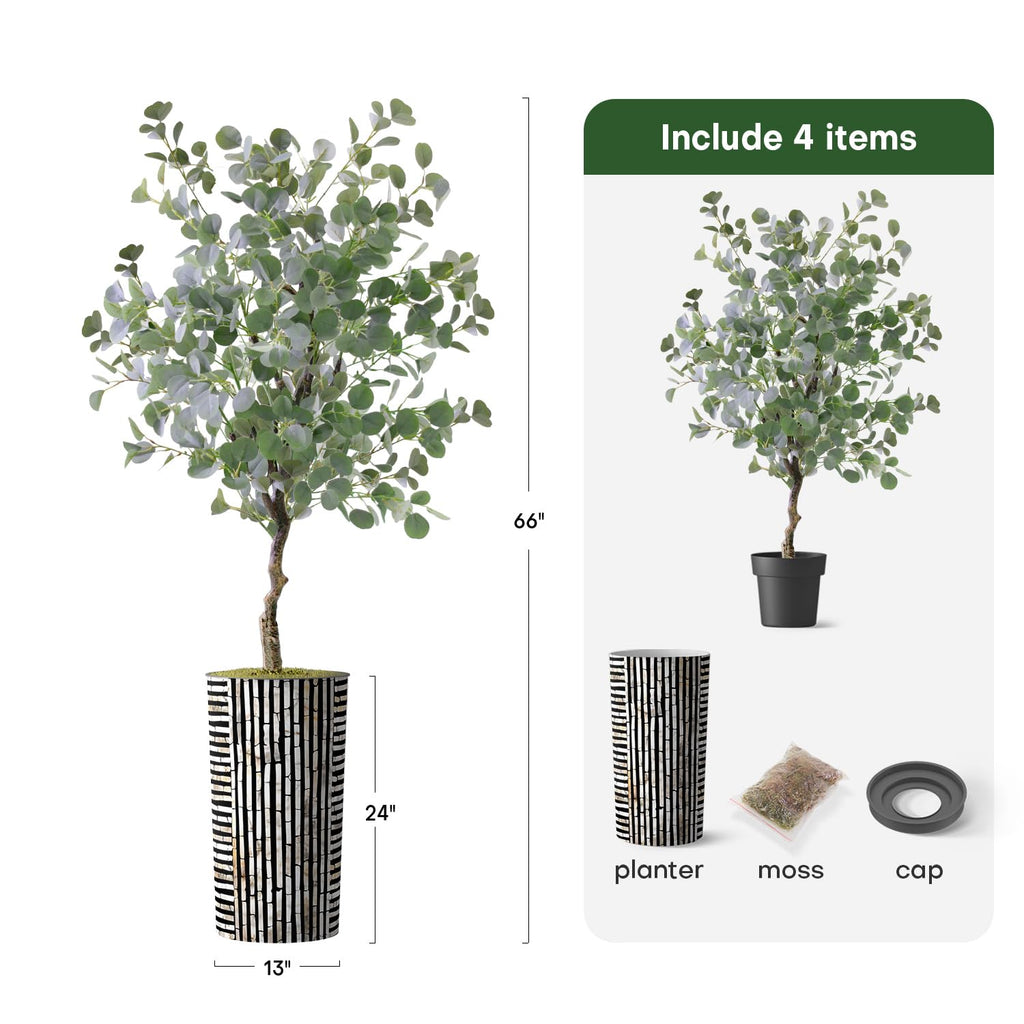 Artificial Tree in Black and Brown Striped Planter, Fake Eucalyptus Silk Tree for Indoor and Outdoor Home Decoration