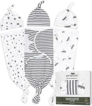 Organic Knotted Tie Bottom Adjustable Velcro Swaddle and Hat Set of 3, Newborn Sleep Sack (0-3m, 7-14lbs Grey)