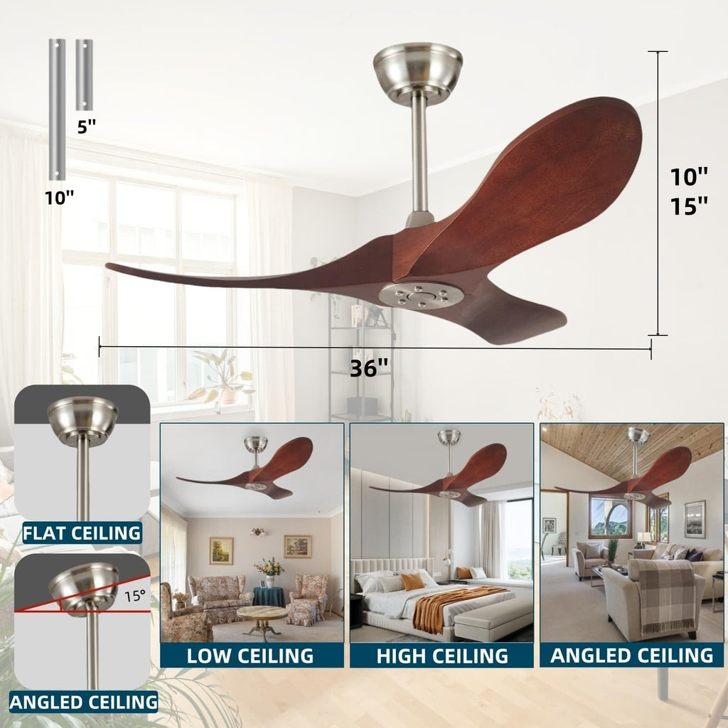 36 Inch Ceiling Fan Without Light With Remote Control, Small Ceiling Fan No Light, 3 Solid Wood Blade Propeller Outdoor