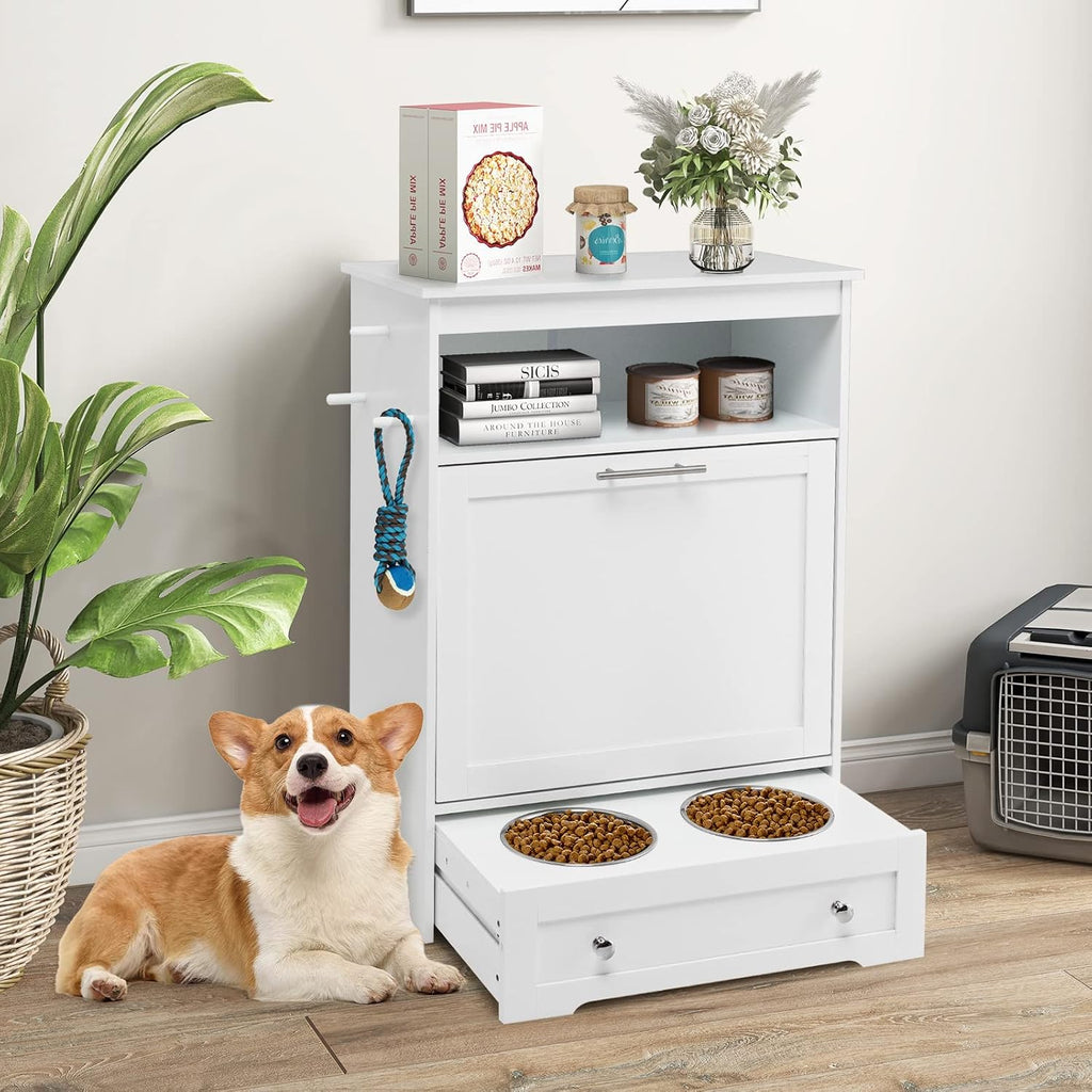 Dog Feeding Station Dogs Food Storage Cabinet Pet Feeder Container with 2 Thick 50oz Stainless Steel Raised Dog Food
