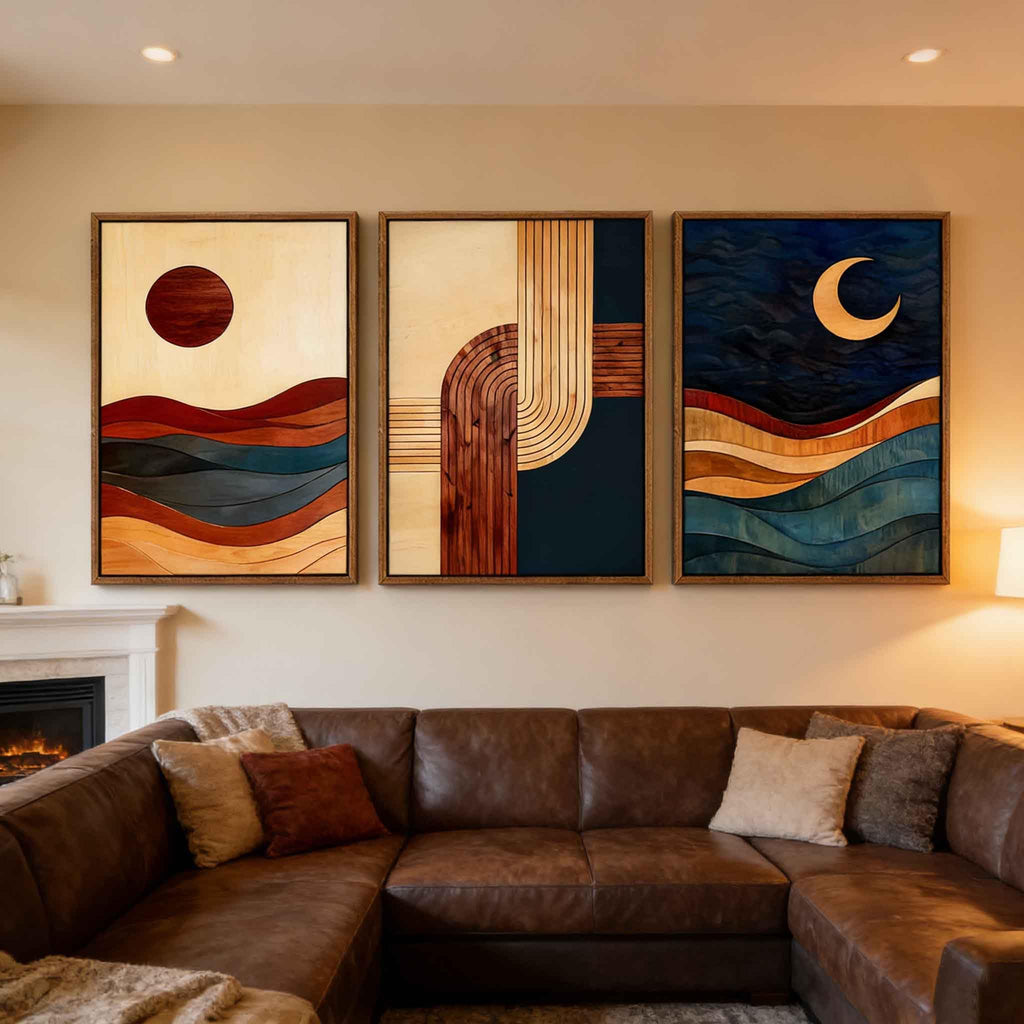 3-Piece: 24x36 Inch Framed Sun & Moon Modern Abstract Wall Art - Boho Mid-Century Geometric Canvas Decor