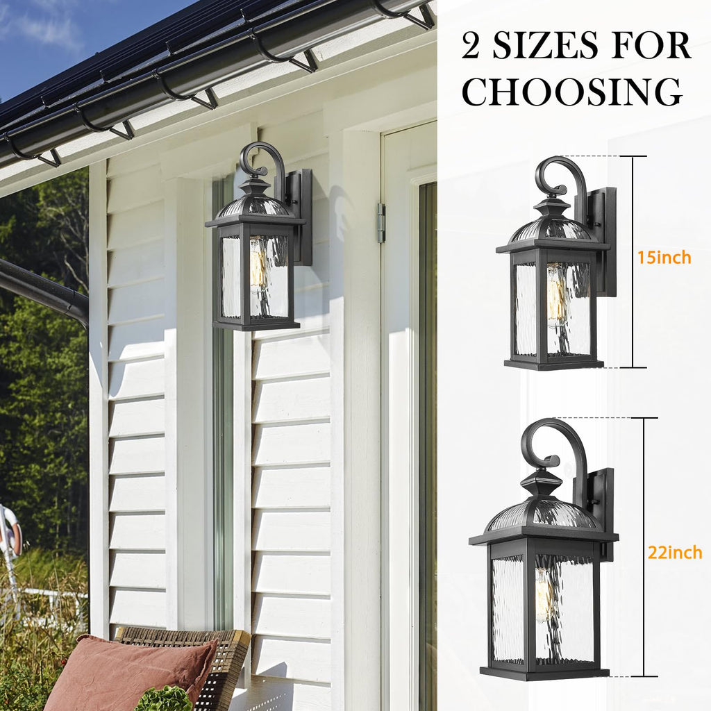 Outdoor Porch Lights Fixture Wall Mount, Exterior Wall Light with Water Ripple Glass Waterproof Black Outside Wall