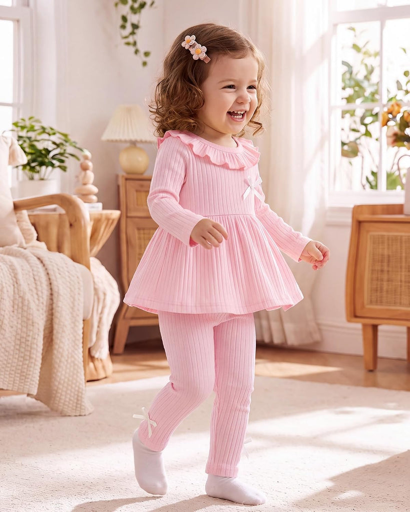2 Piece Baby Girl Clothes Set Infant Ribbed Ruffle Top Bow Pants