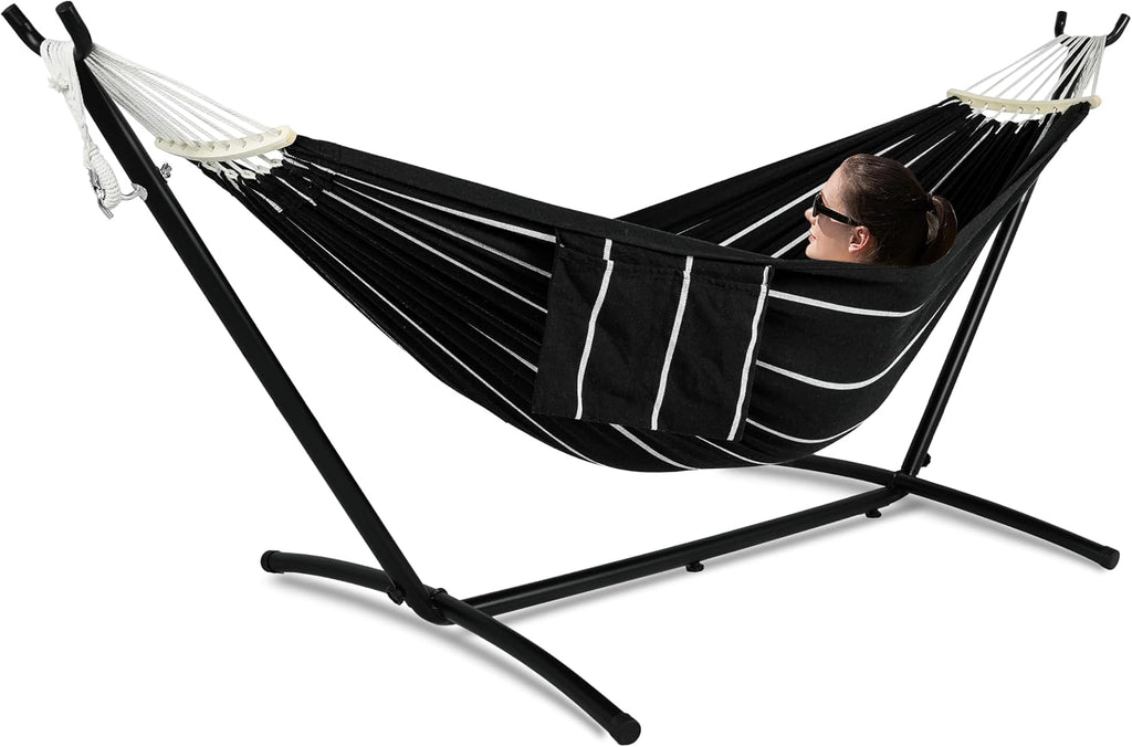 Double Hammock with Stand for Outside, Upgraded Spreader Bar, Heavy Duty Space Saving Steel Stand 2 Person, Side