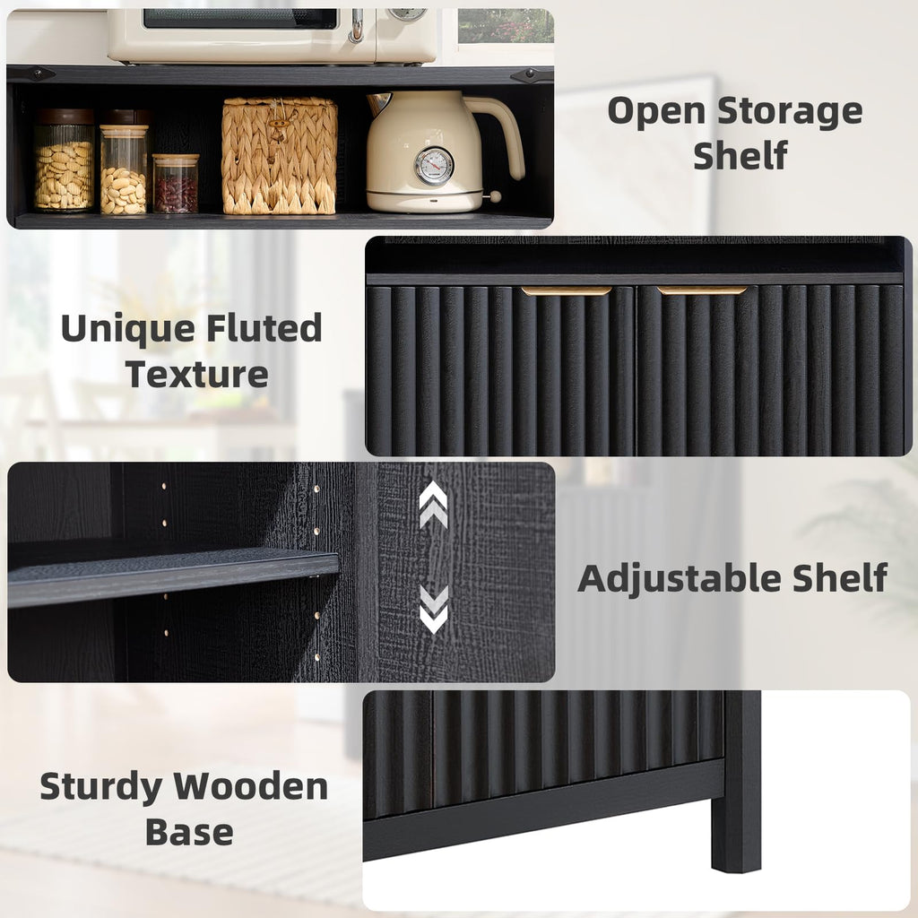 32 Inch Fluted Sideboard Buffet Cabinet, Black Oak