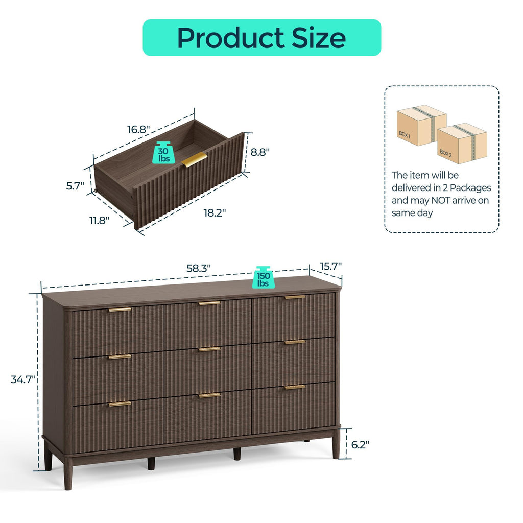 Fluted 9 Drawer Dresser, 58" Wide Mid-Century Modern Tall Chest of Drawers, Deep Storage Dresser with Curved Corner