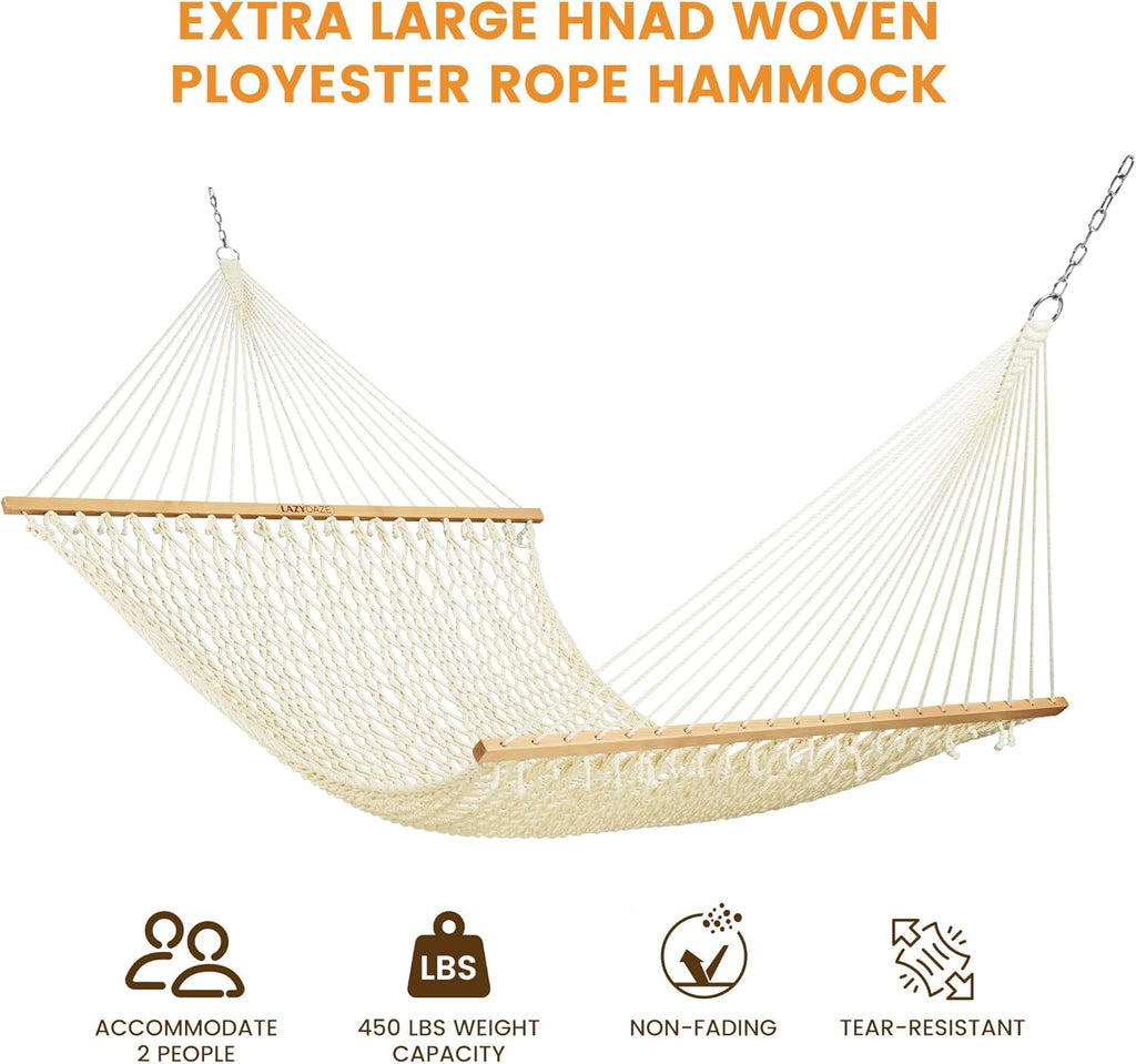 13-FT Polyester Rope Hammock, Double 2 Person Traditional Hand Woven Outdoor Hammock with Spreader Bar, Carabiners