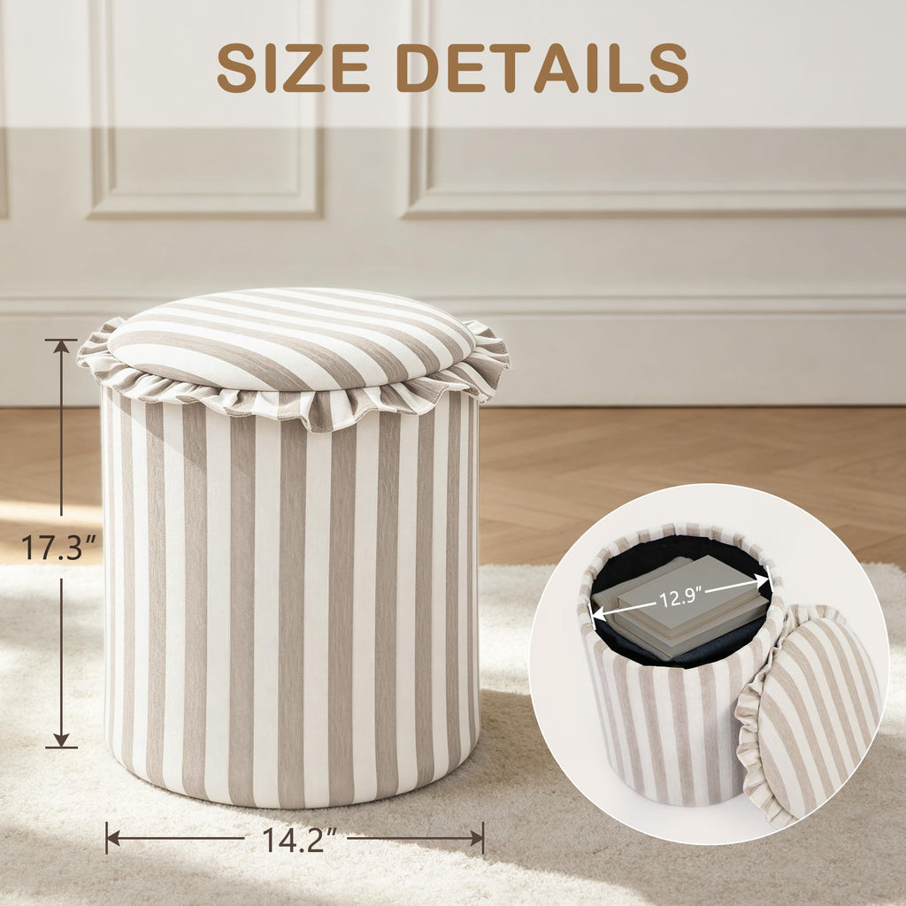 Round Striped Ottoman with Storage, Foot Rest Stool, Beige