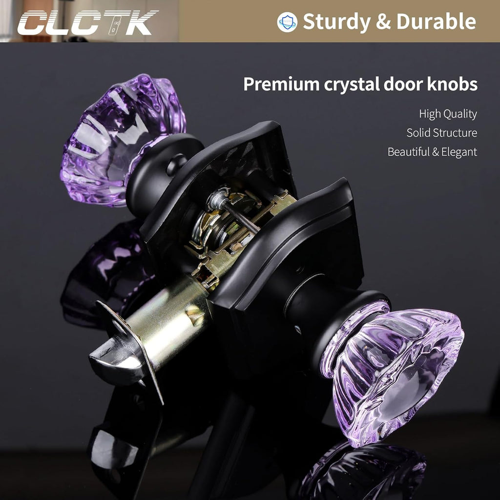 Purple Glass Door Knobs Interior with Lock, Matte Black Crystal Privacy Door Knobs Bathroom, 1 Pack