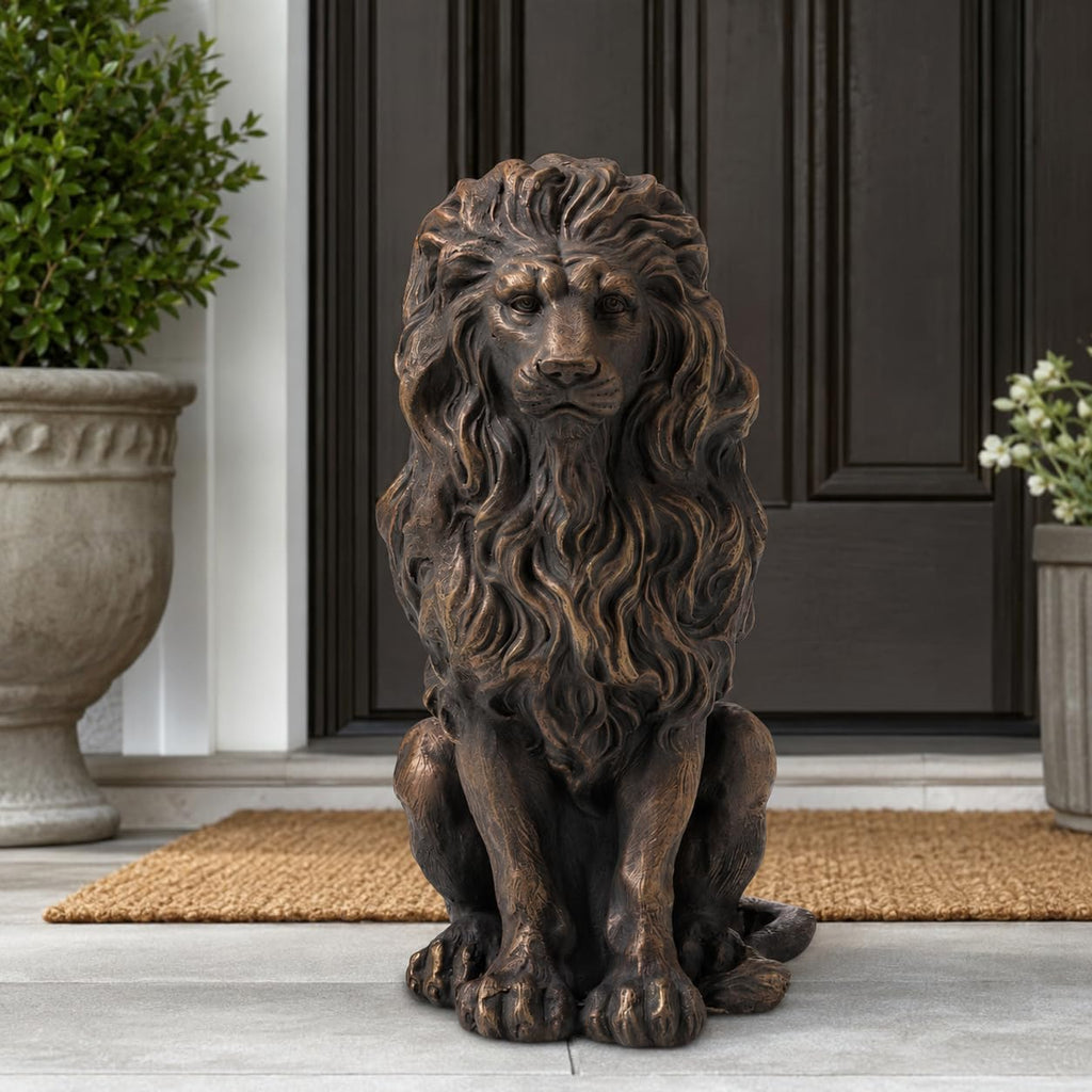 Bronze-Tone Lion Statue, 20.47 in Sitting Resin Garden Sculpture | Layered flowing mane, defined facial features