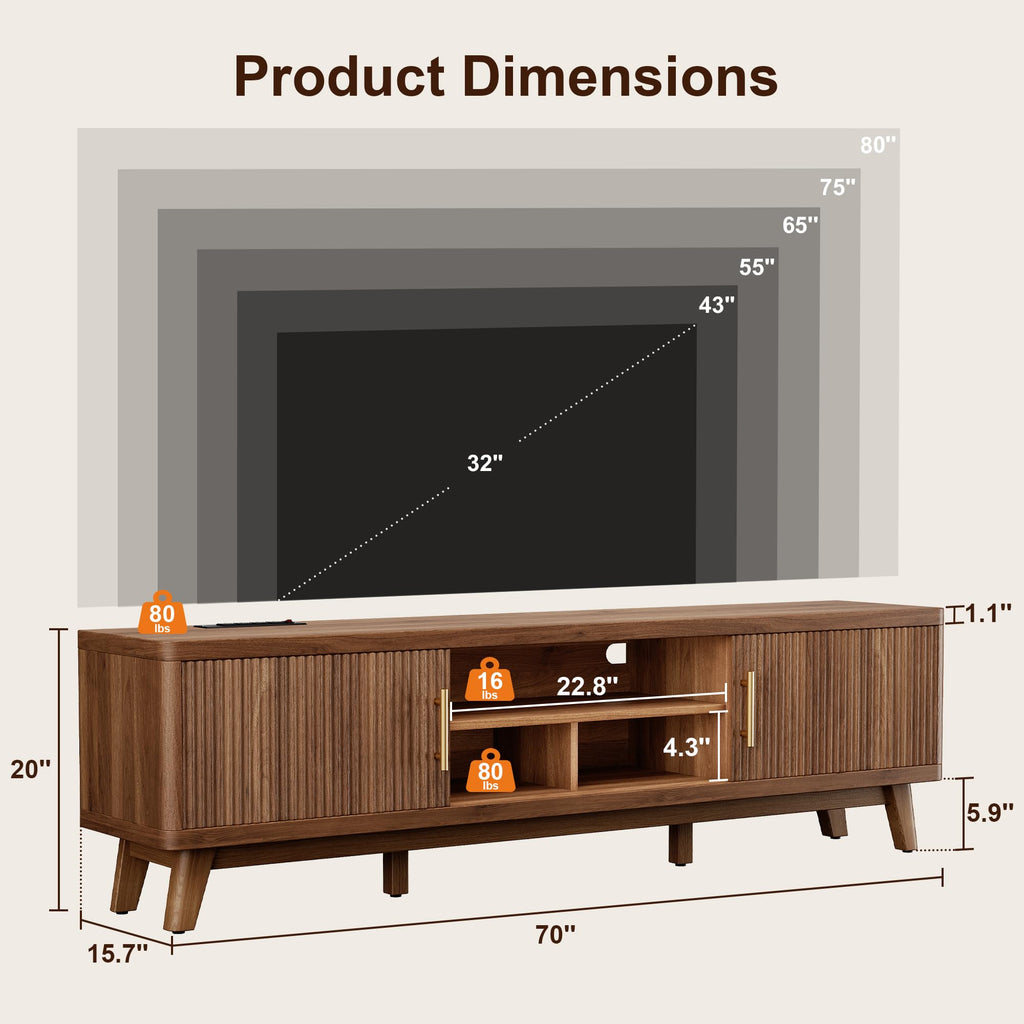 70" Mid Century Modern TV Stand, Fluted Entertainment Center TV Stand with Power Outlet, Reinforced 1.1'' Tabletop