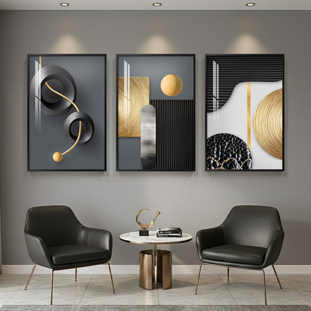 Framed Black and Gold Modern Abstract Wall Art, 24x36 In