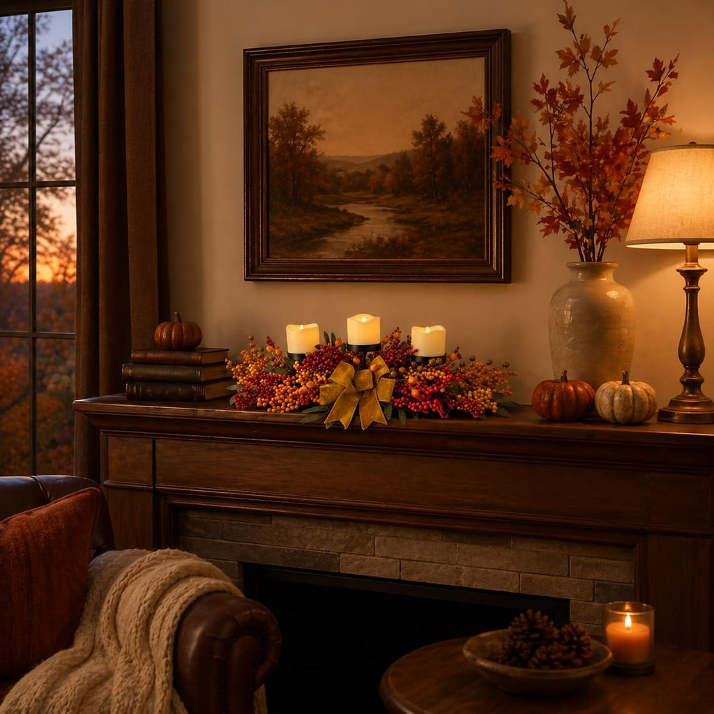 25 Inch Fall Candle Holder Centerpiece with Berry Branches and Bow