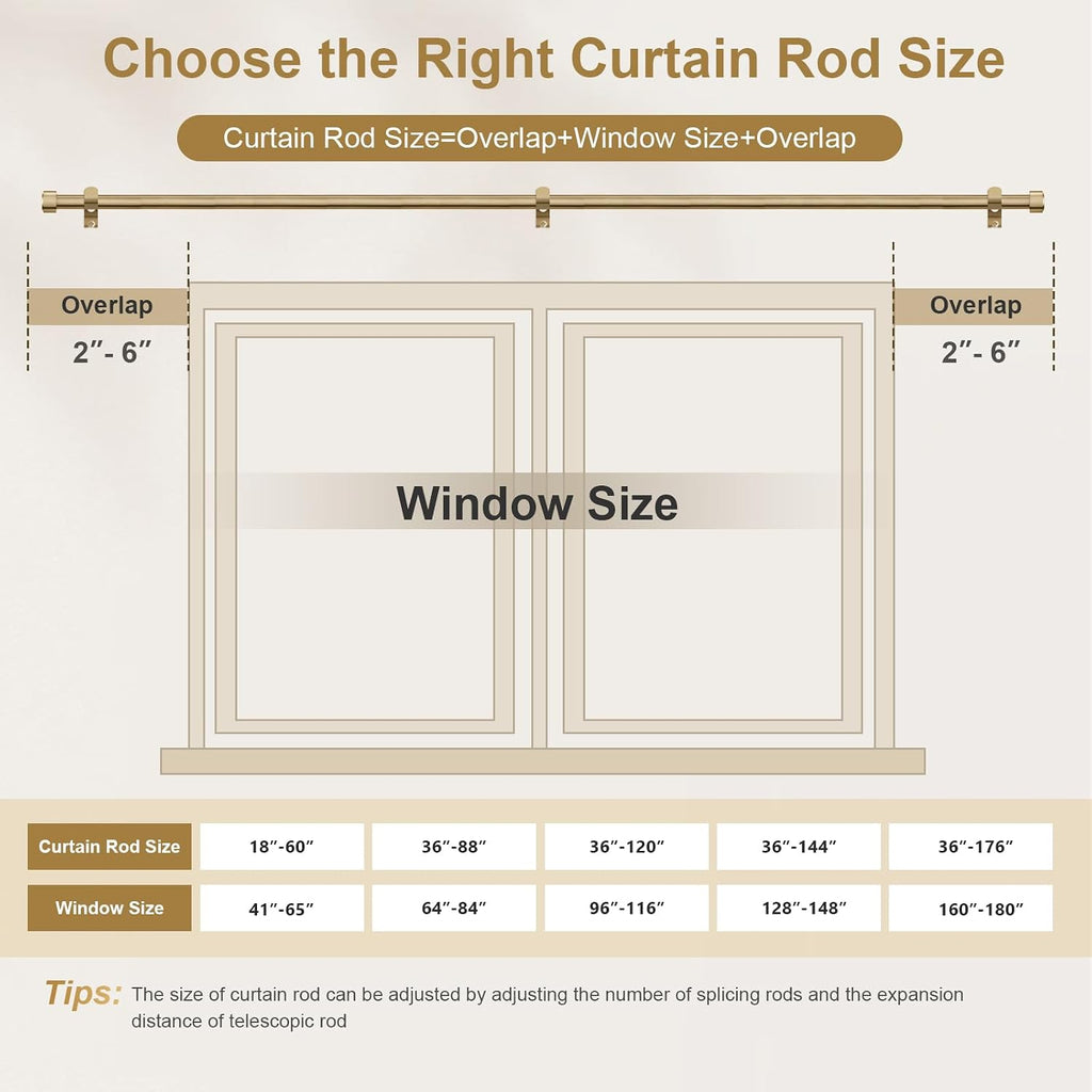 Warm Gold Brass Curtain Rod 36-144 Inches Adjustable, 1" Diameter Heavy Duty Window Rod with Solid Aluminum Finials &