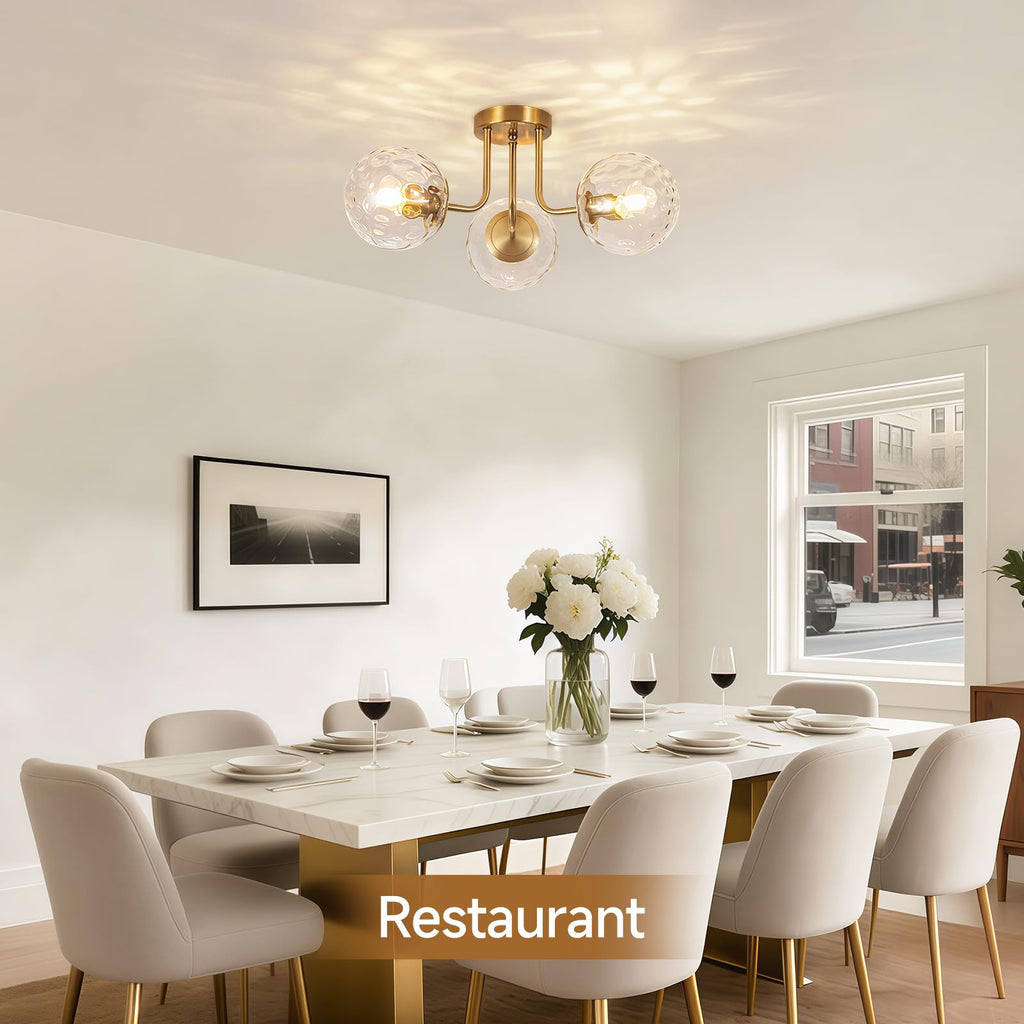 3-Light Gold Semi Flush Mount Ceiling Light, Modern Opal Glass Globe Ceiling Light Fixture Living Room Kitchen, Bulbs