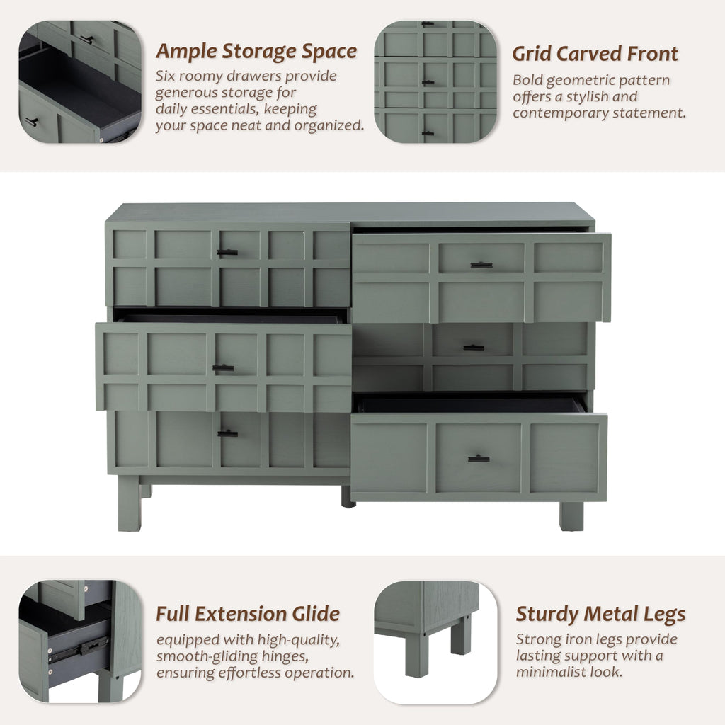 Modern 6 Drawer Double Dresser X 2P with Grid Carved Pine Front, Minimalist Chest of Drawers with Large Storage Space