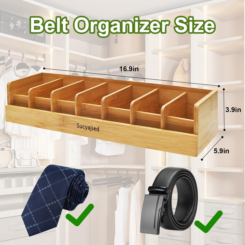 Belt Organizer, 7 Compartments Belt Organizer for Closet and Drawer, Bamboo Tie and Belt Storage Case, Belt Holder