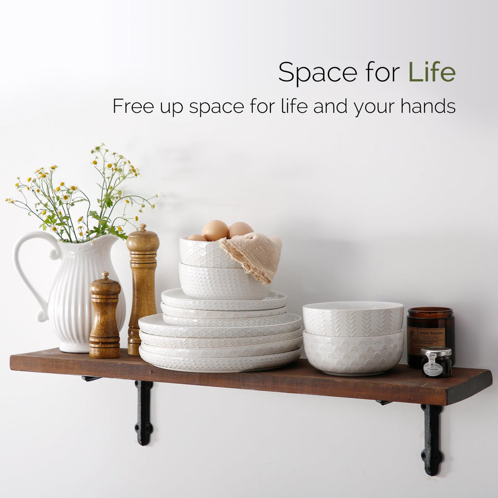 Stoneware Dinnerware Sets Service for 4, 12 pcs Reactive Glaze Plates and Bowls Sets, Embossed Boho Ceramic Dish Set