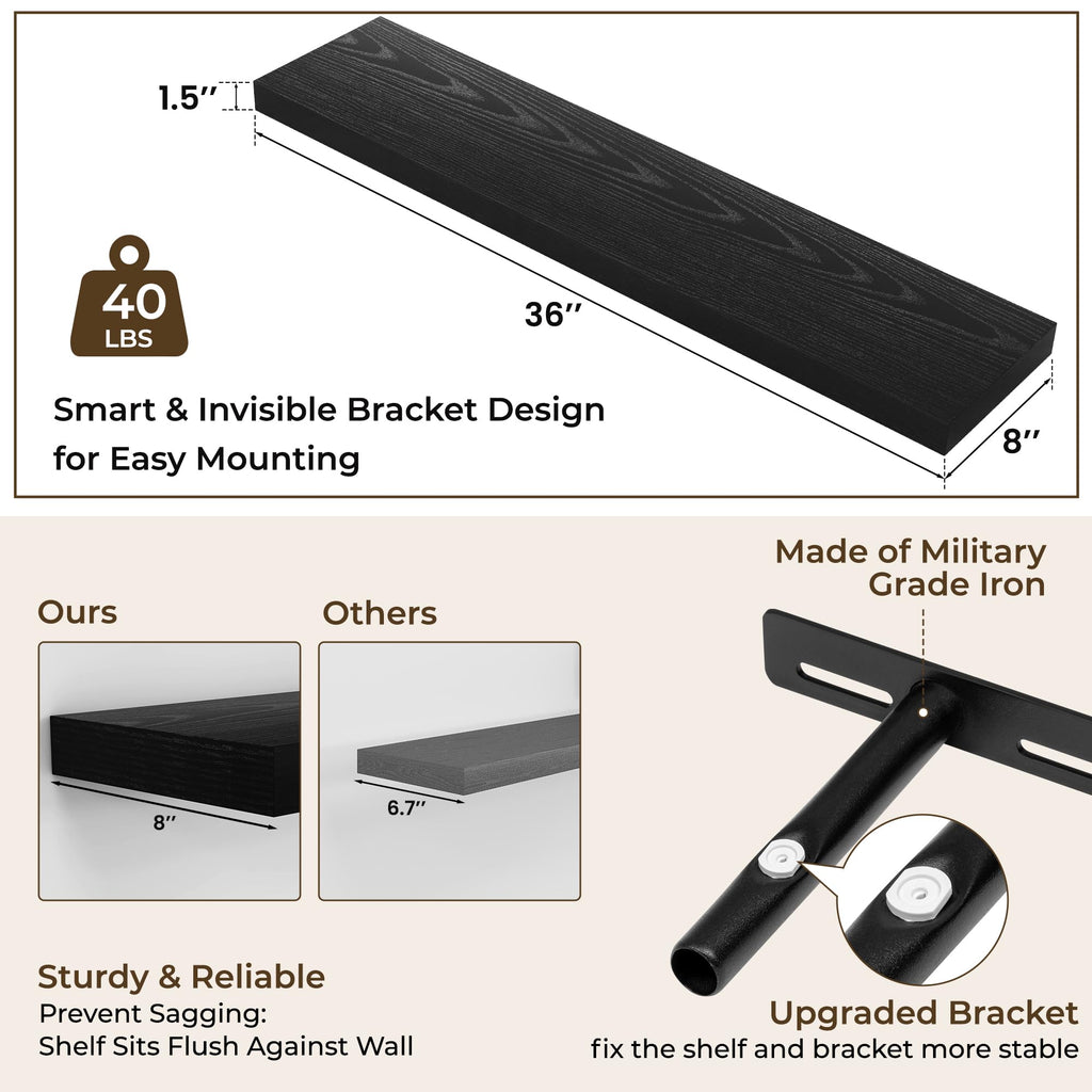36Inch Floating Shelves for Wall 2Pack, Black, 8" Deep