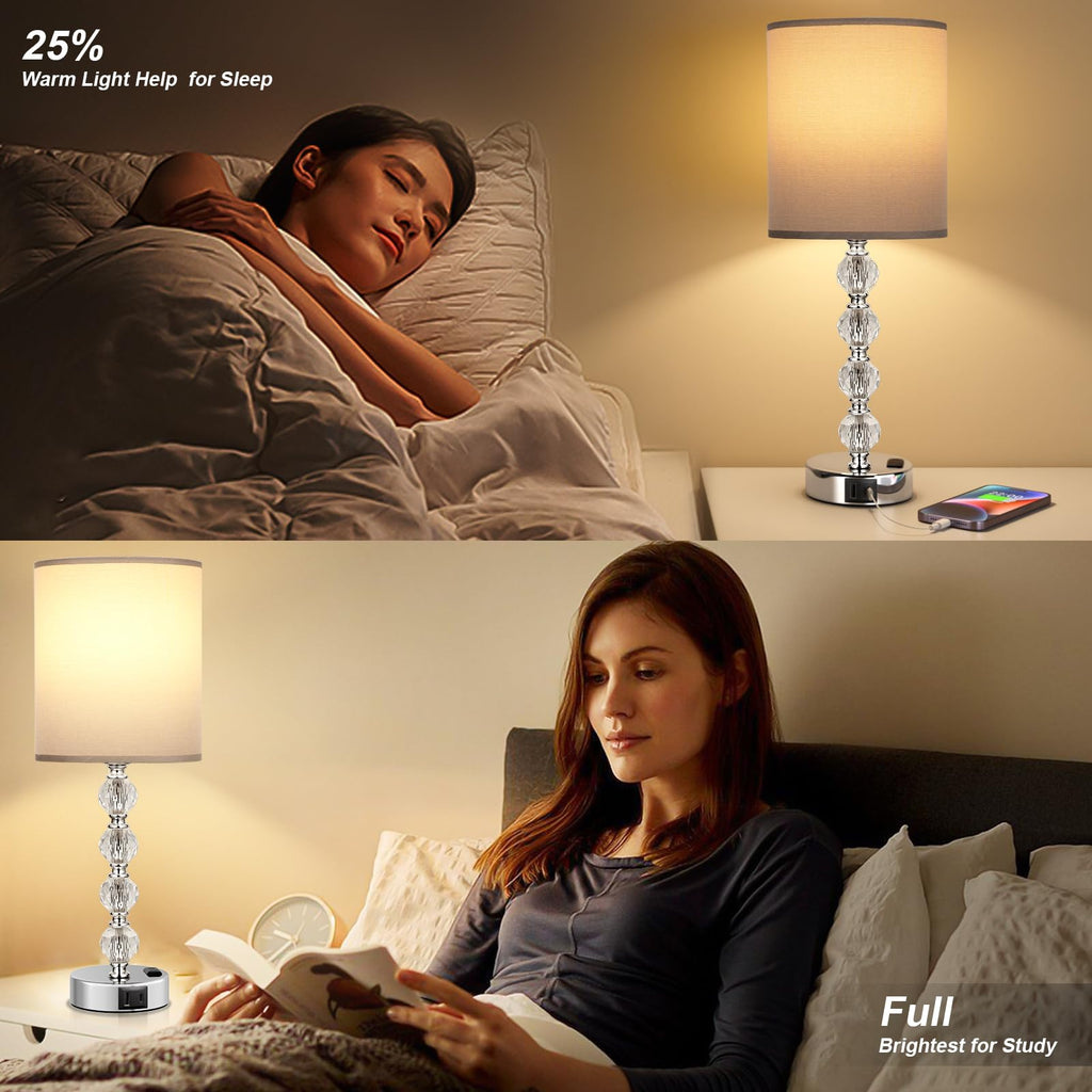 Touch Bedside Crystal Lamps s Nightstand with USB C+A Charging Port and AC Outlet White, 3 Way Dimmable Silver Large