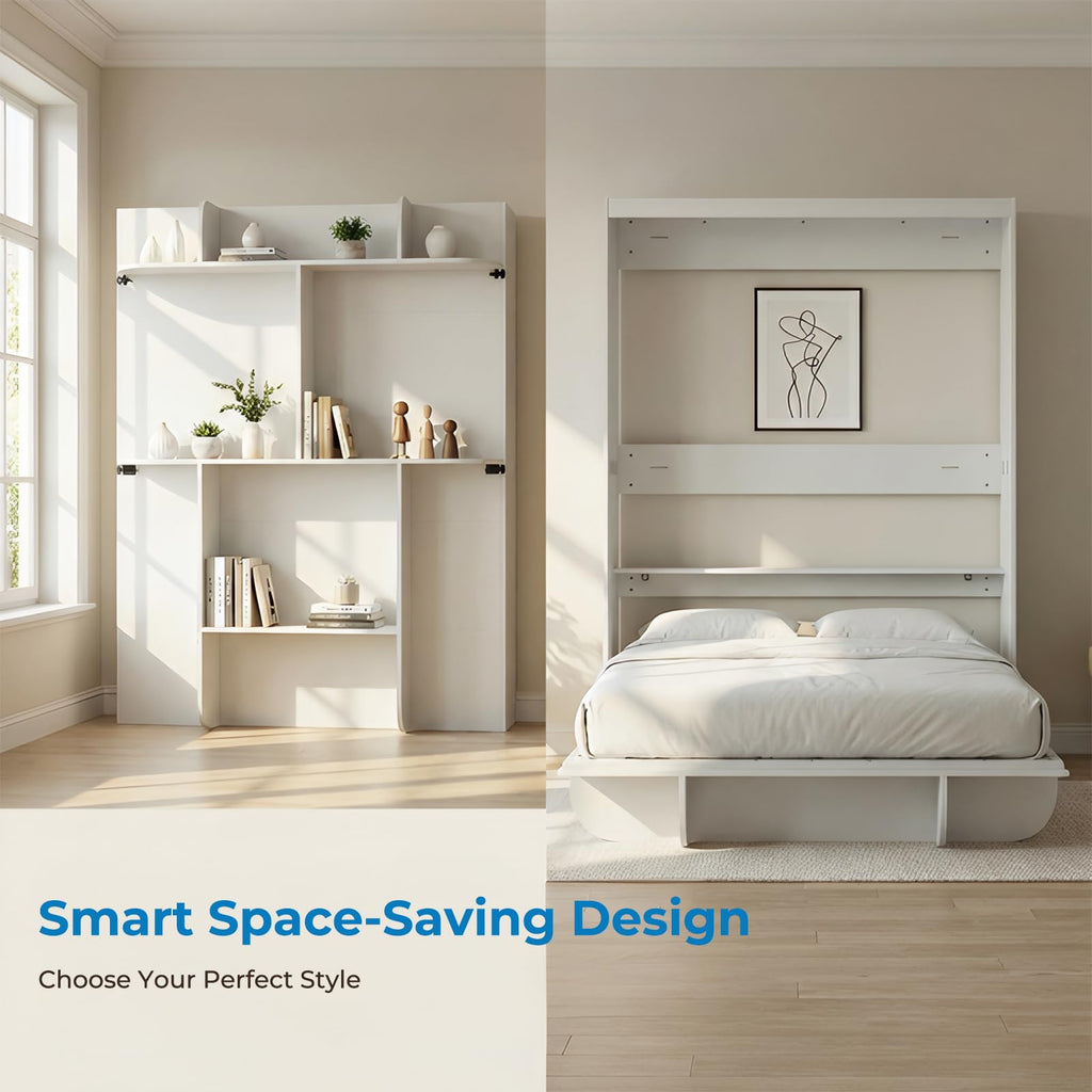 Queen Vertical Wall Murphy Bed with Storage Shelf, White
