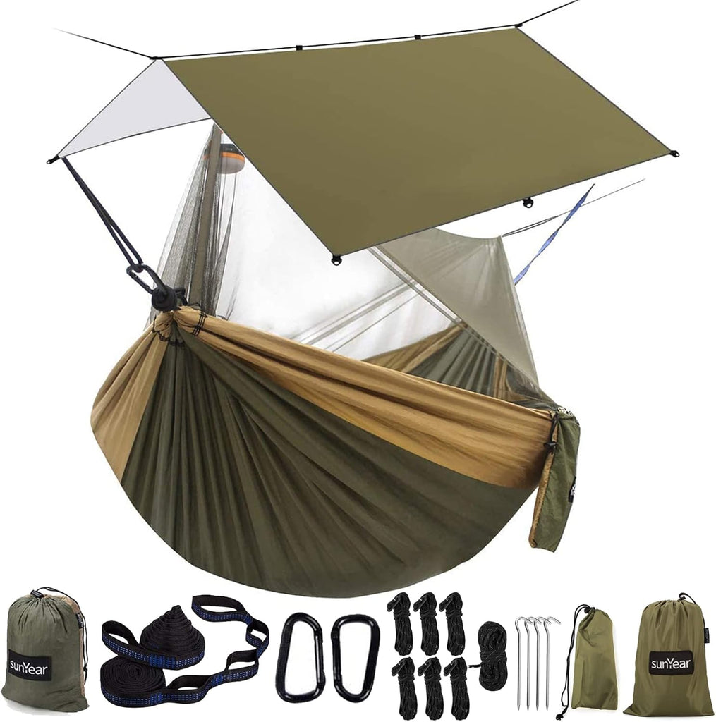 Hammock Camping with Rain Fly Tarp and Net, Portable Camping Hammock Double Tree Hammock Outdoor Indoor Backpacking