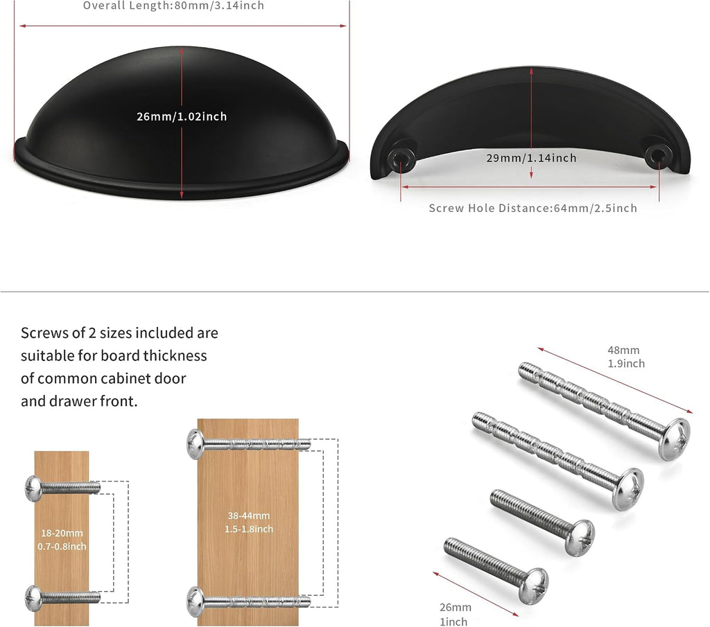 10 Pack 2.5 Inch Kitchen Cabinet Handles Matte Black Drawer Pulls Cup Pulls Kitchen Hardware Dresser Drawers Handles