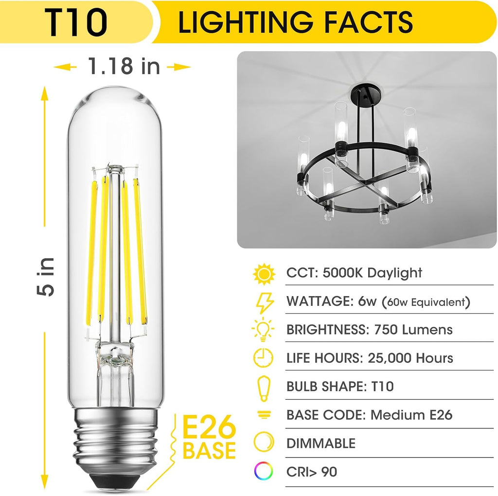 5" T10 Tubular LED Light Bulb, 60W Eq, Dimmable, Daylight 5000K, 8-Pack