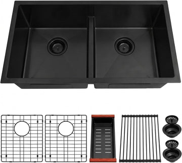 32 inch Double Bowl Kitchen Sink,Black Undermount Kitchen Sink 32 X 18 inch,16 Gauge Stainless Steel Undermount