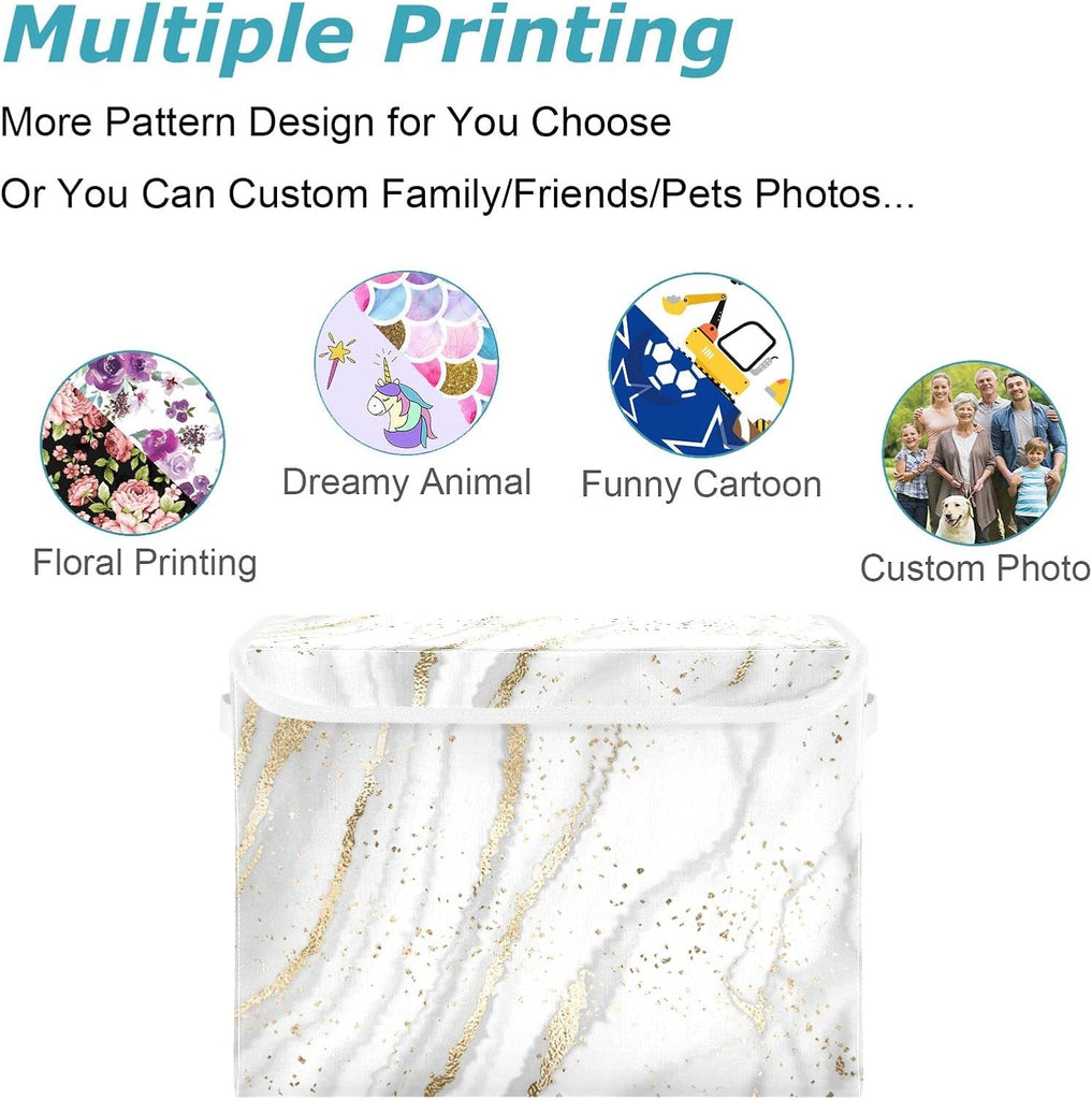 Large Fabric Storage Bins With Lids, Gold White Marble Storage Boxes With Handles for Organizing Clothes, Collapsible