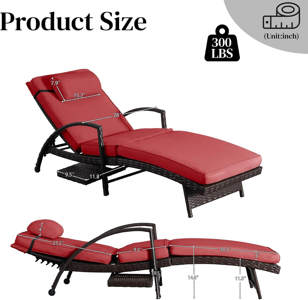 Outdoor Chaise Lounge Set of 2, Patio Lounge Chairs with Side Table,Red | Patio chaise lounges feature 6-position