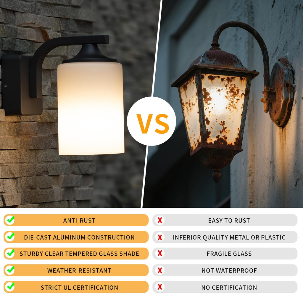 Outdoor Wall Lamp, Waterproof and Anti-Rust Aluminium Modern wall Light Fixture Milk Glass Indoor for Outside, Garden