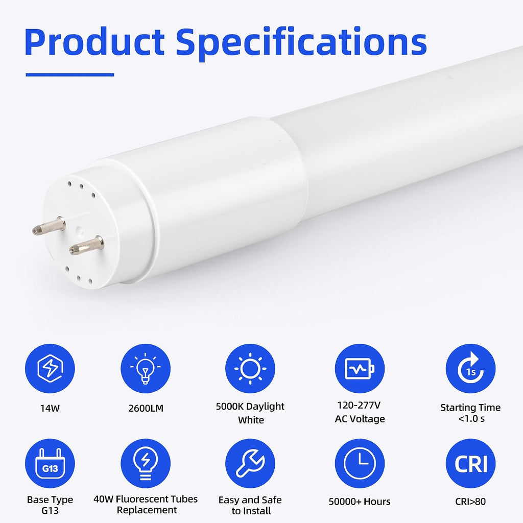 T8 LED Bulbs 4 Foot,186LM/W,14W 2600LM 5000K, T8 Type A+B, DLC 6.0