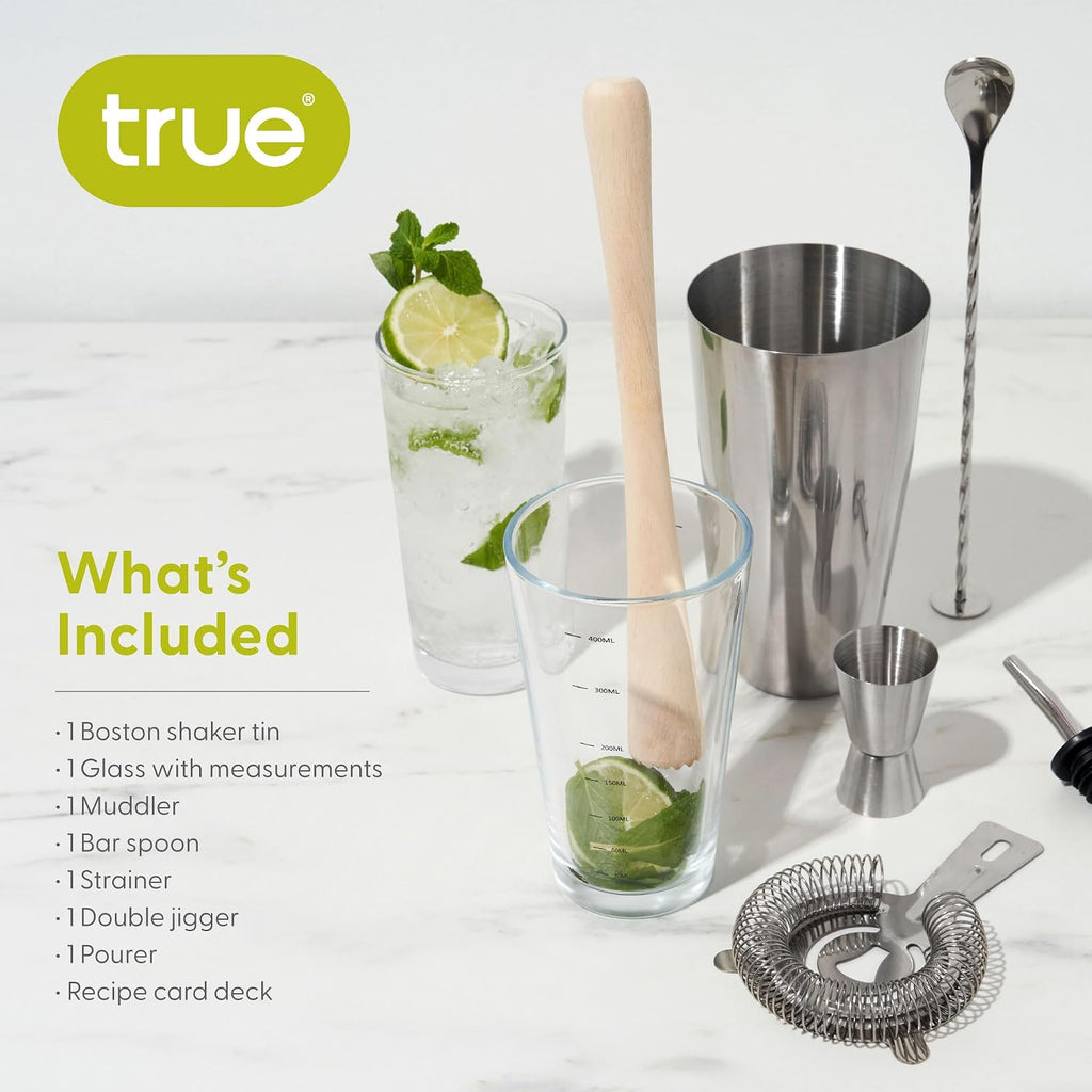 7-Piece Barware Set for Mixed Drinks and Cold Brew Cocktails, Includes Boston Cocktail Shaker Tin, Mixing Glass - Set of 7