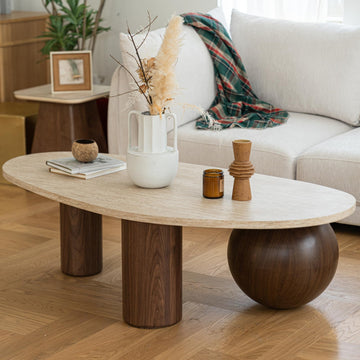 55'' Modern Oval Wood Coffee Table, 3 Walnut Accent Legs