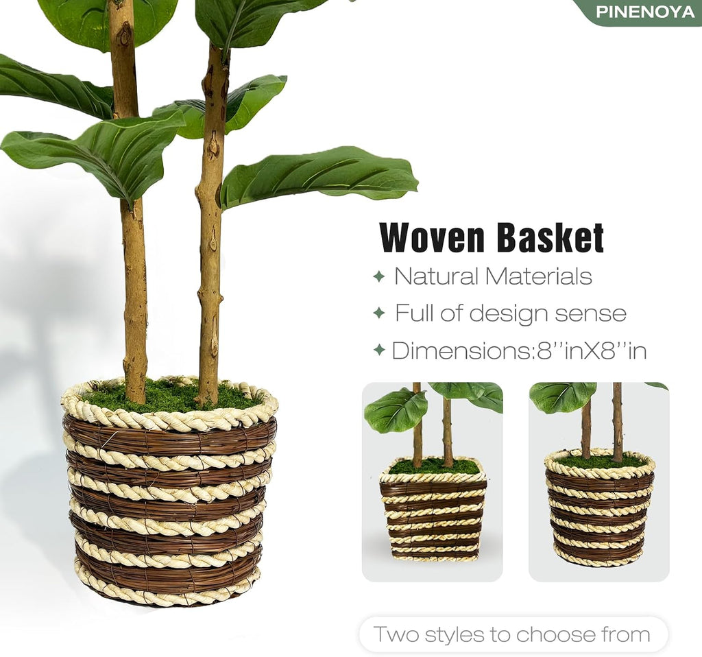 Artificial Fiddle Leaf Fig Tree with Woven Basket,4ft Tall Fake Tree with Natural Wood Trunk Decor, Faux Ficus Tree