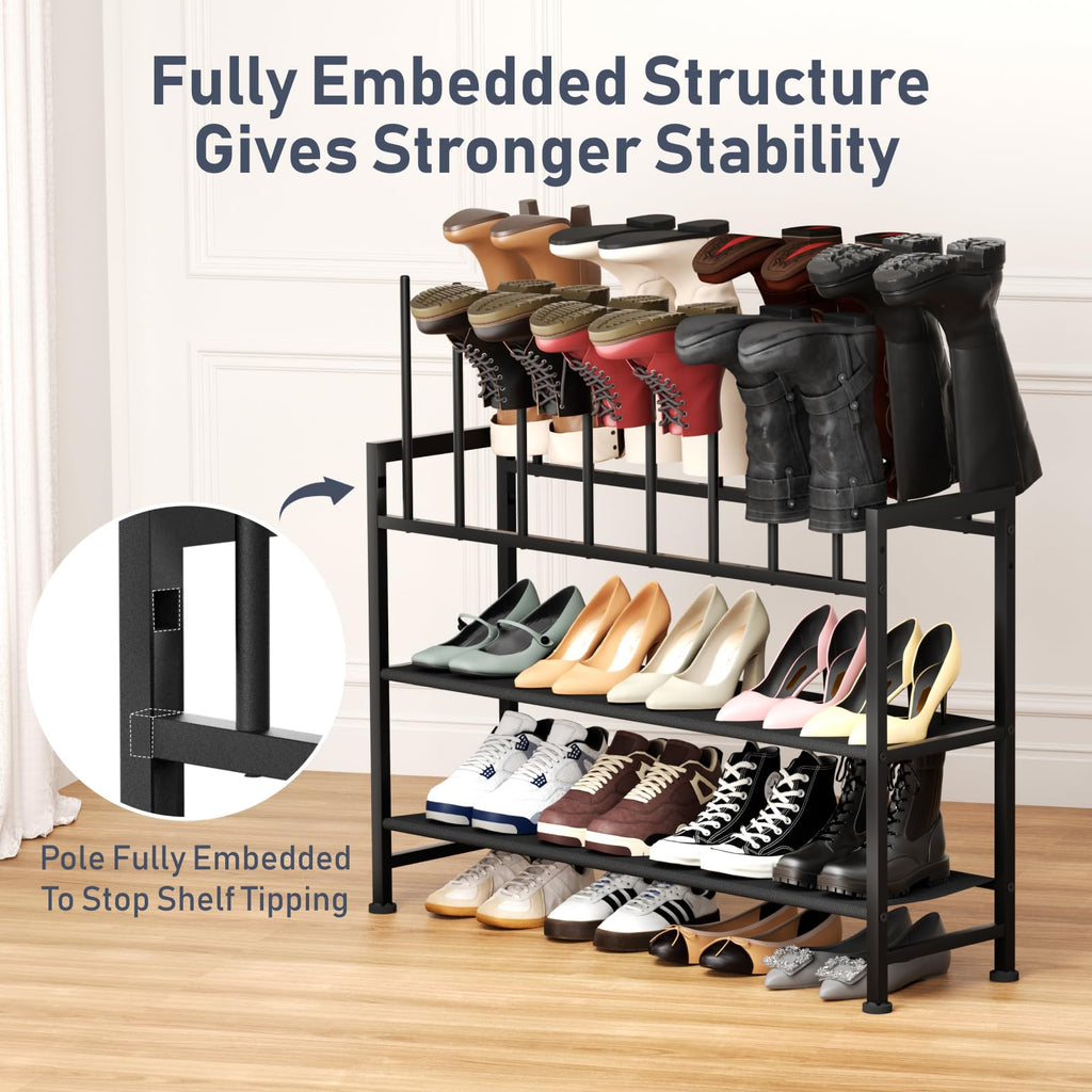 Boot Rack 4-Tier - Black Metal Boot Storage Rack for Tall Boots Organizer Tall Boots, Multiuse Shoe Rack for Boots