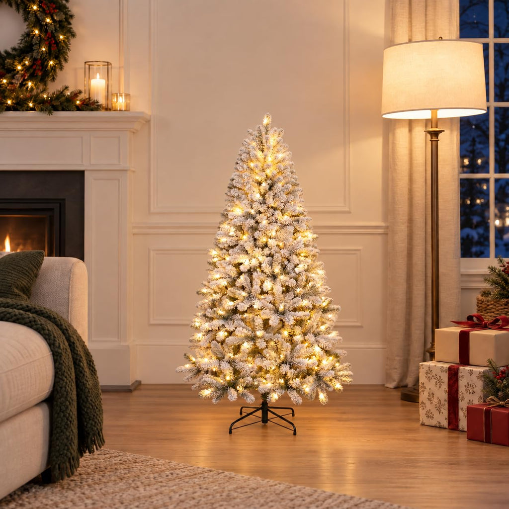 4ft Prelit Artificial Flocked Snow Spruce Christmas Tree Xmas, White