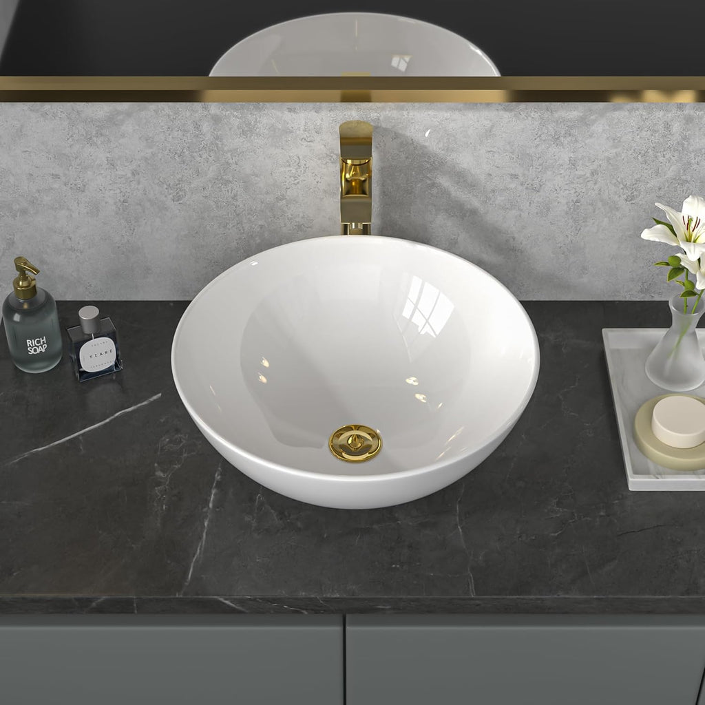 Vessel Sink Round - 16"x16" Modern Round Bowl Above Counter White Porcelain Ceramic Bathroom Vessel Vanity Sink