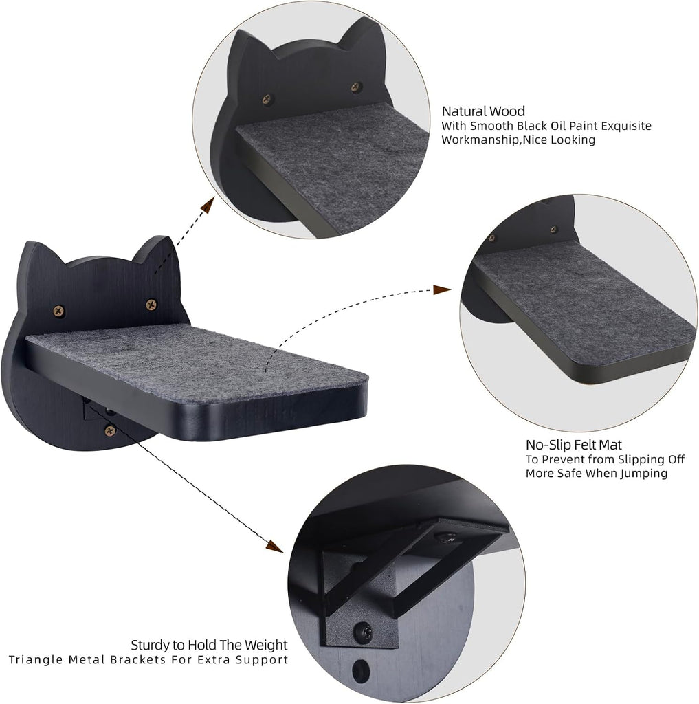 Black Painted Solid Wood Cat Wall Climbing Steps, Set of 3